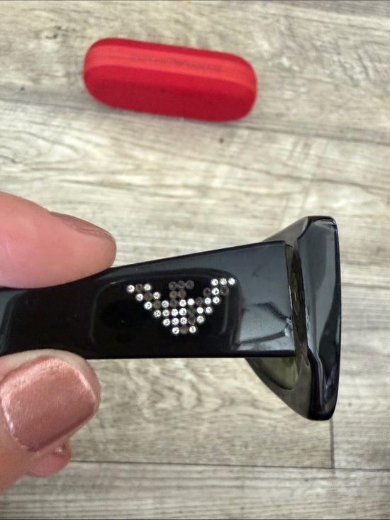 Emporio Armani Black Rectangular Sunglasses with Red Case and rhinestone logo